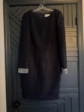 Eliza J Navy Long Sleeve Sheath Dress with Beaded Cuffs